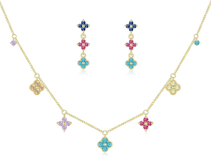 Dainty Gold Jewelry Set for Women Trendy 14K Gold Plated Clover Pendant Choker Charm Necklaces for Women Dangle Earrings Lucky Gift for Her