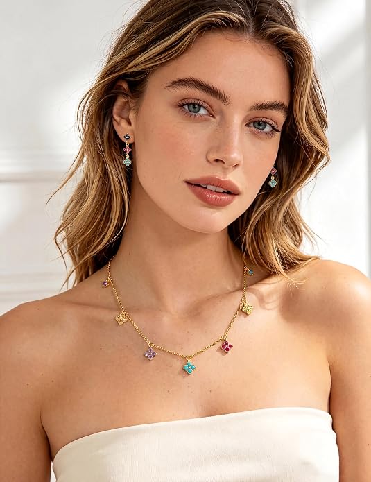 Dainty Gold Jewelry Set for Women Trendy 14K Gold Plated Clover Pendant Choker Charm Necklaces for Women Dangle Earrings Lucky Gift for Her