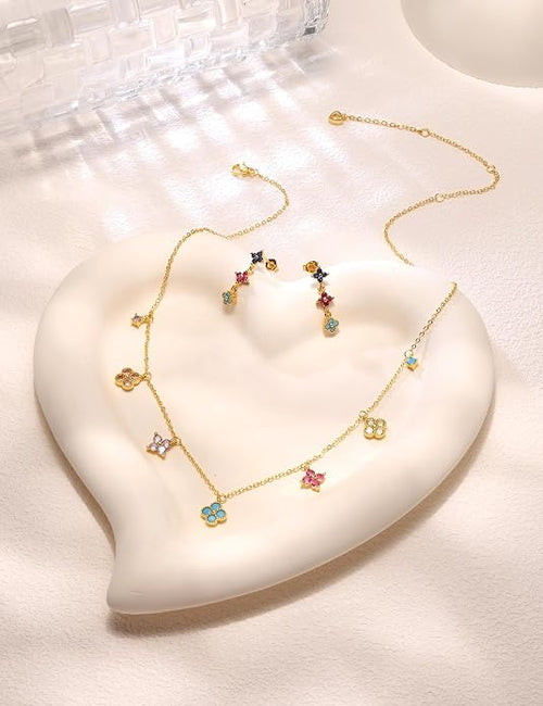 Dainty Gold Jewelry Set for Women Trendy 14K Gold Plated Clover Pendant Choker Charm Necklaces for Women Dangle Earrings Lucky Gift for Her